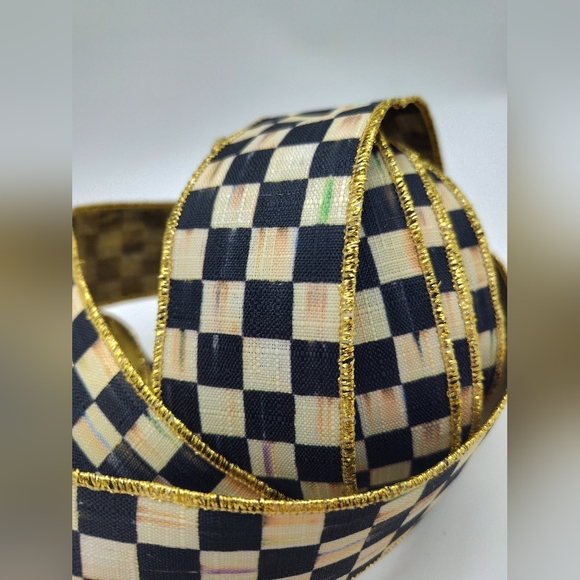 MACKENZIE-CHILDS 2" Courtly Check Ribbon Two (2) Yards Black Ivory Gold Wired - Picture 2 of 4